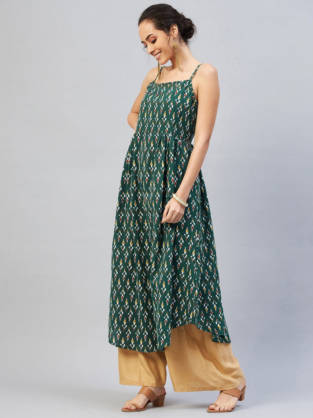 InWeave Women's Green Kantha Ikkat Strappy Kurta | Grocsy