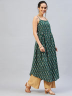 InWeave Women's Green Kantha Ikkat Strappy Kurta | Grocsy