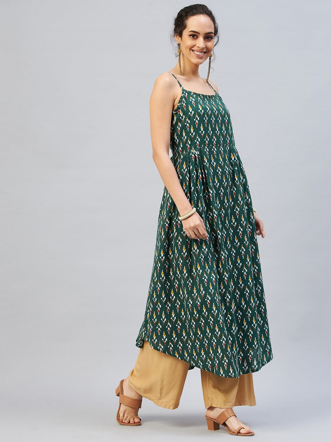 InWeave Women's Green Kantha Ikkat Strappy Kurta | Grocsy