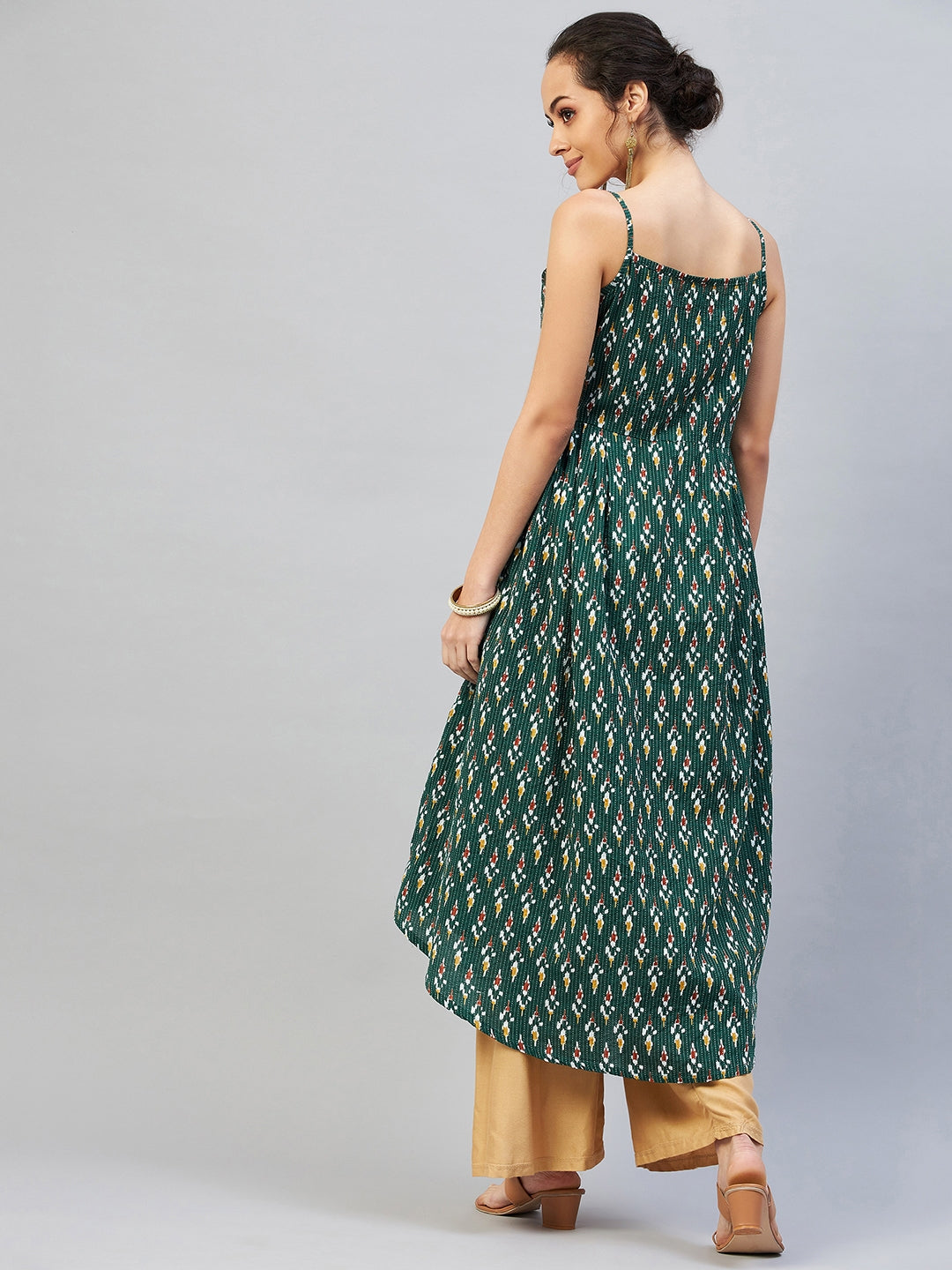 InWeave Women's Green Kantha Ikkat Strappy Kurta | Grocsy