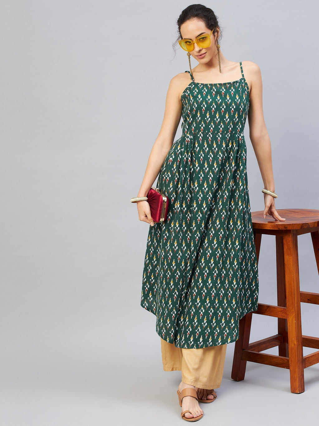 InWeave Women's Green Kantha Ikkat Strappy Kurta | Grocsy