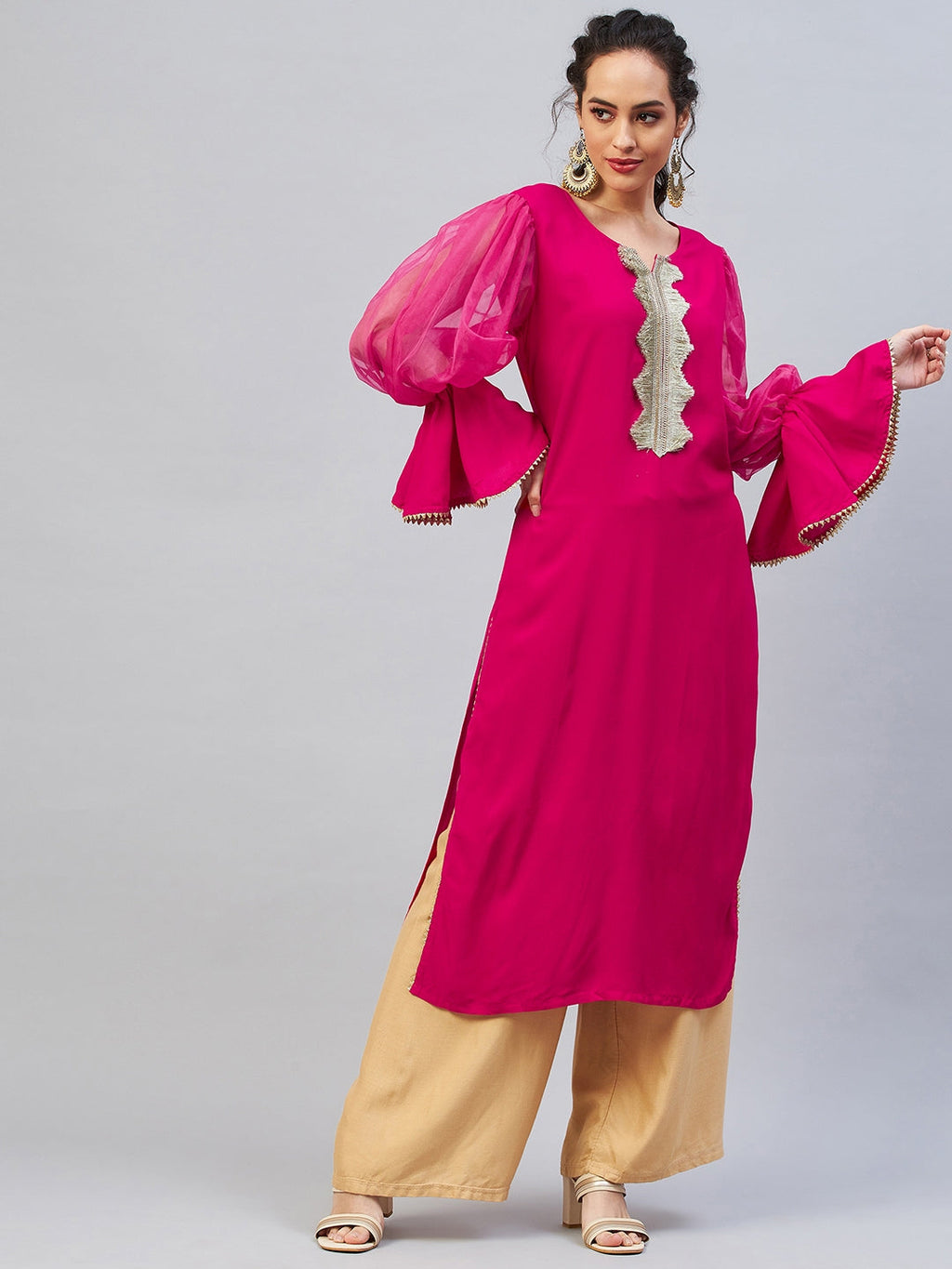InWeave Women's Fuschia Organza Sleeve Gota Work Kurta | Grocsy