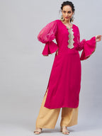 InWeave Women's Fuschia Organza Sleeve Gota Work Kurta | Grocsy