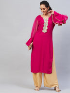 InWeave Women's Fuschia Organza Sleeve Gota Work Kurta | Grocsy