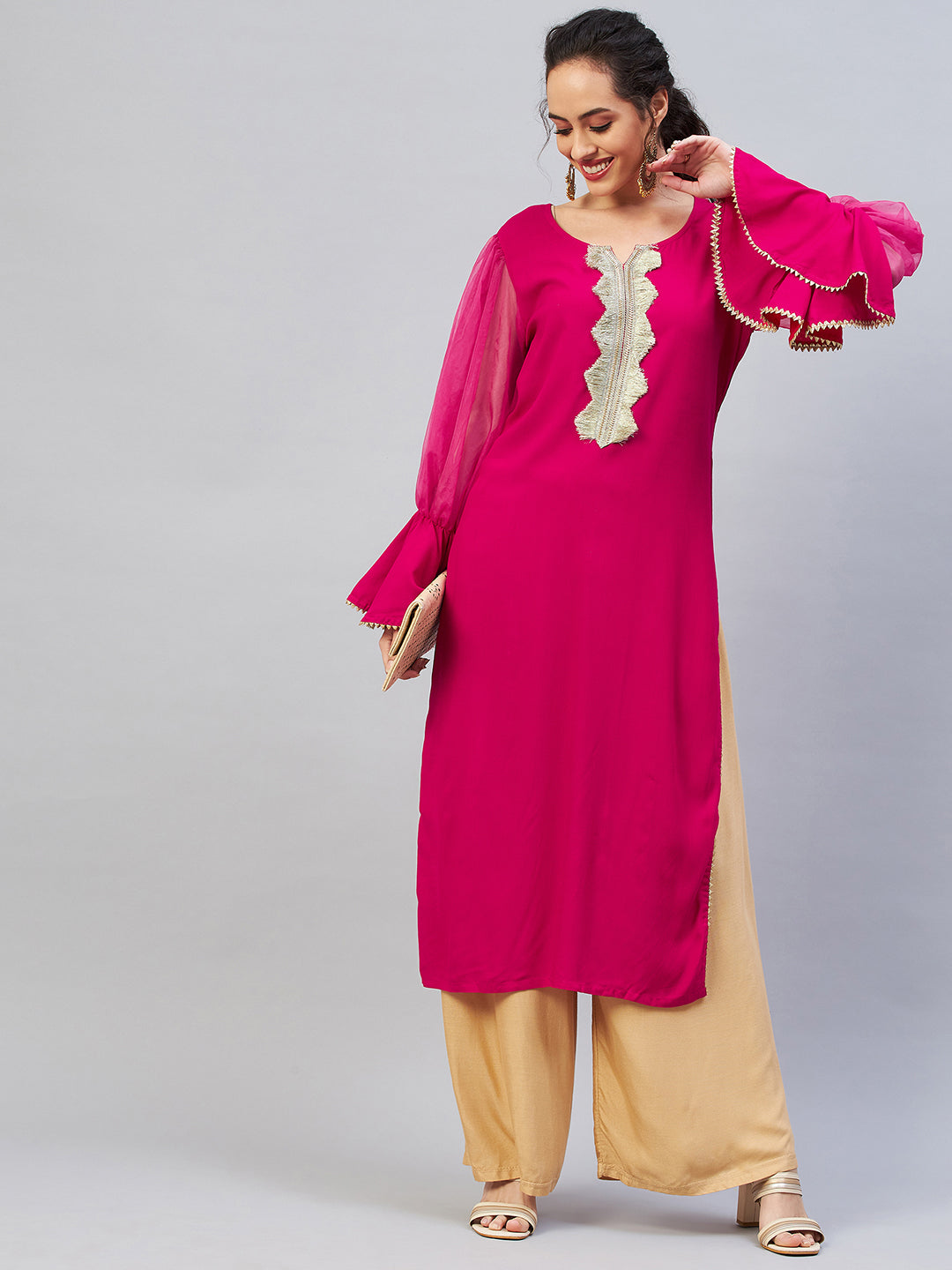 InWeave Women's Fuschia Organza Sleeve Gota Work Kurta | Grocsy