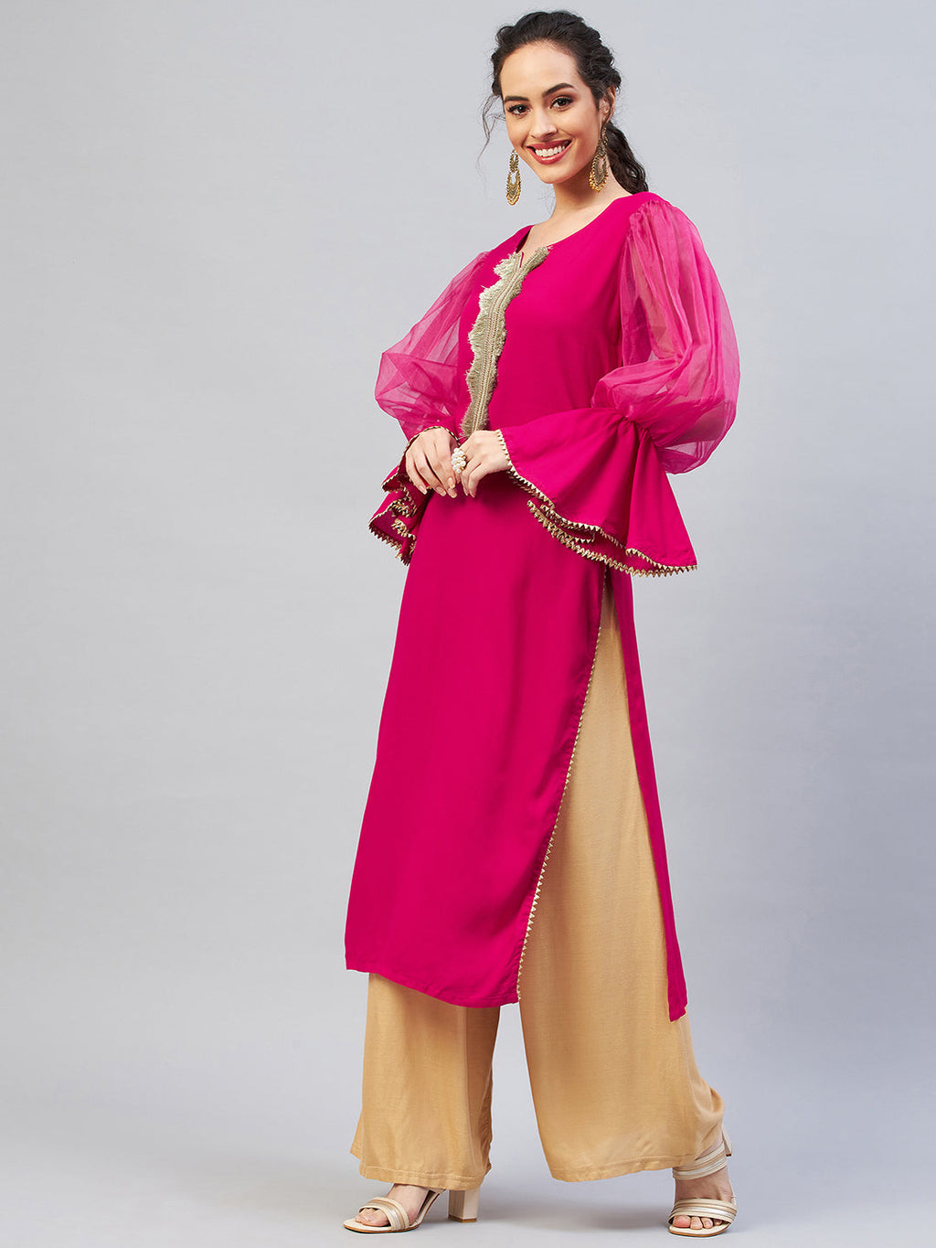 InWeave Women's Fuschia Organza Sleeve Gota Work Kurta | Grocsy