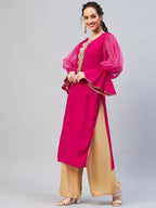 InWeave Women's Fuschia Organza Sleeve Gota Work Kurta | Grocsy