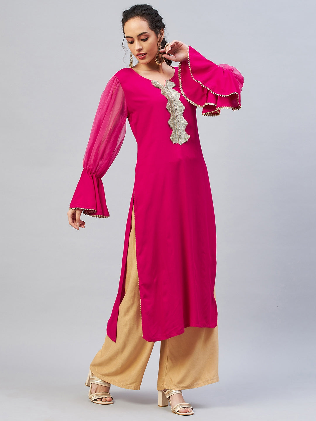 InWeave Women's Fuschia Organza Sleeve Gota Work Kurta | Grocsy