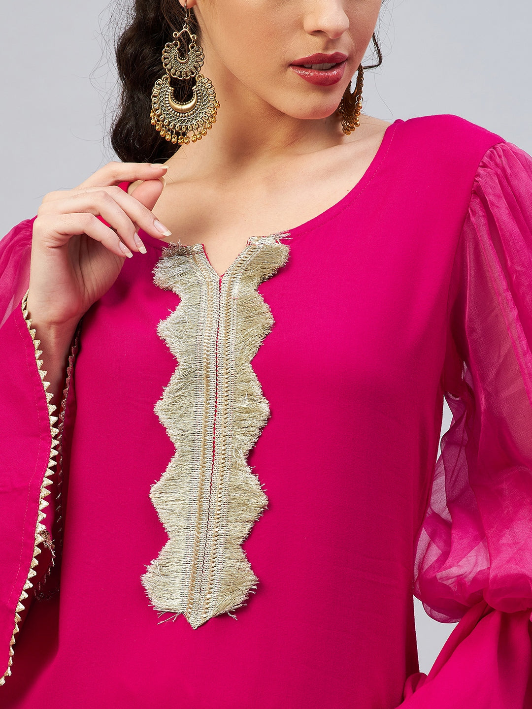 InWeave Women's Fuschia Organza Sleeve Gota Work Kurta | Grocsy