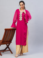 InWeave Women's Fuschia Organza Sleeve Gota Work Kurta | Grocsy