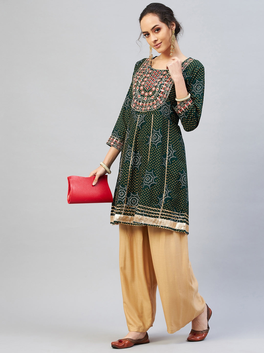 InWeave Women's Green Gota Mirror Work Kurta | Grocsy