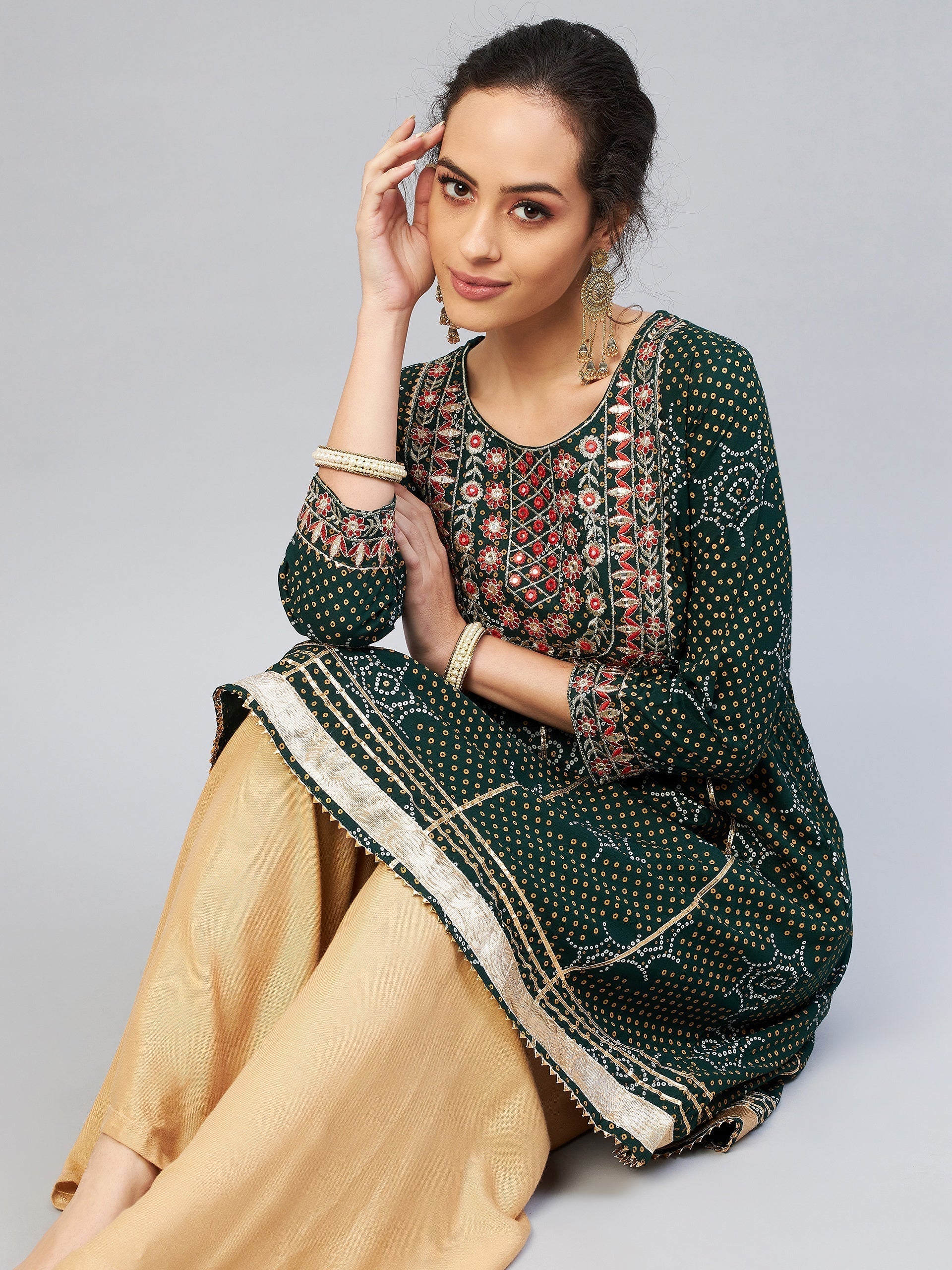 InWeave Women's Green Gota Mirror Work Kurta | Grocsy