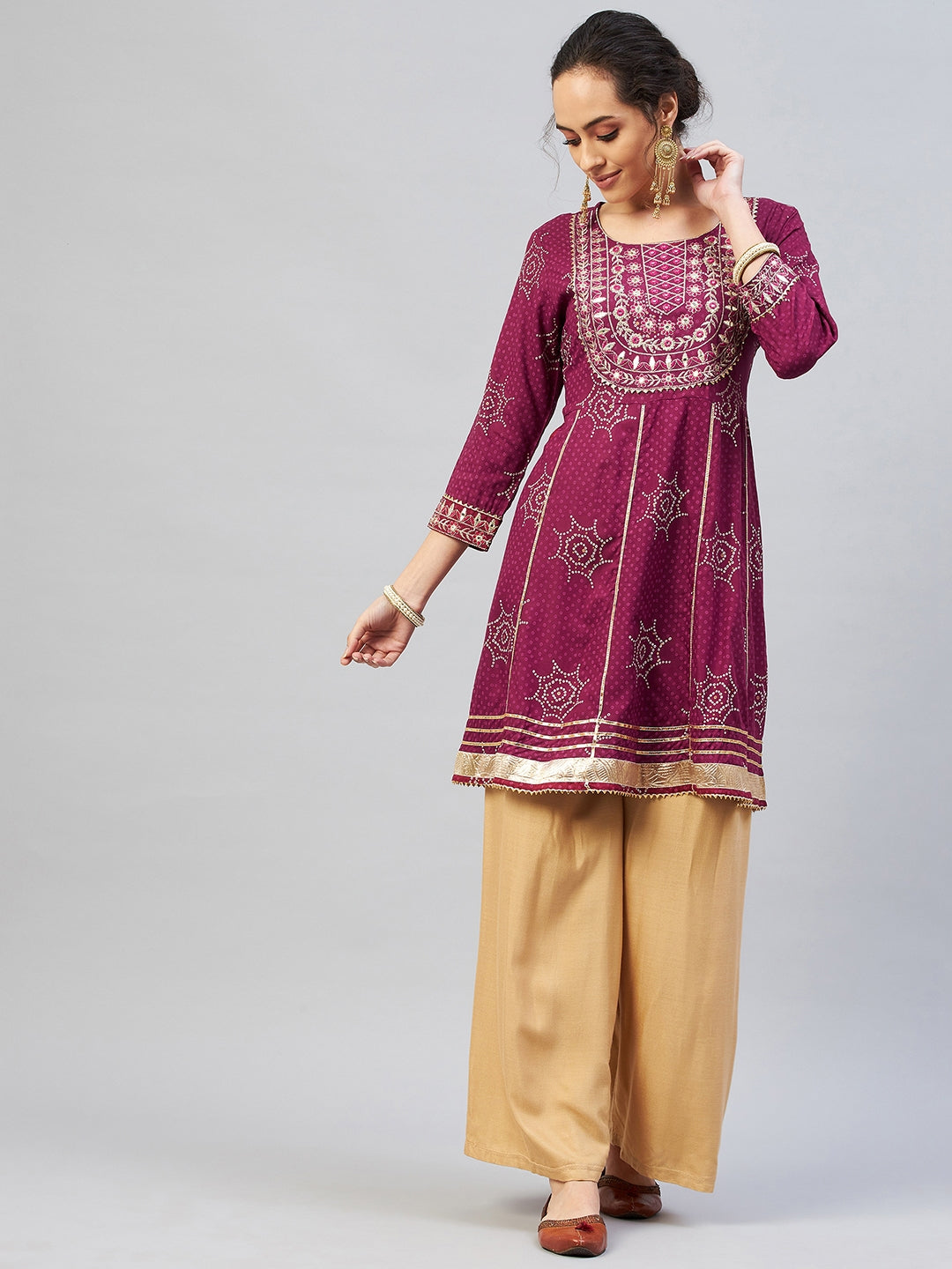 InWeave Women's Wine Gota Mirror Kurta | Grocsy