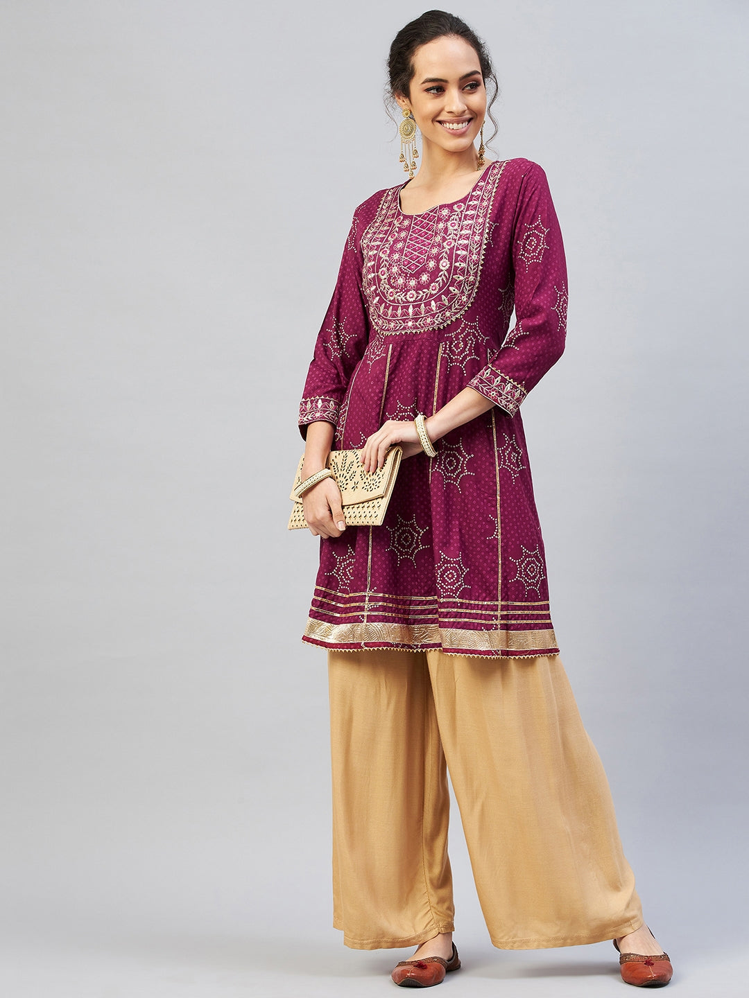 InWeave Women's Wine Gota Mirror Kurta | Grocsy