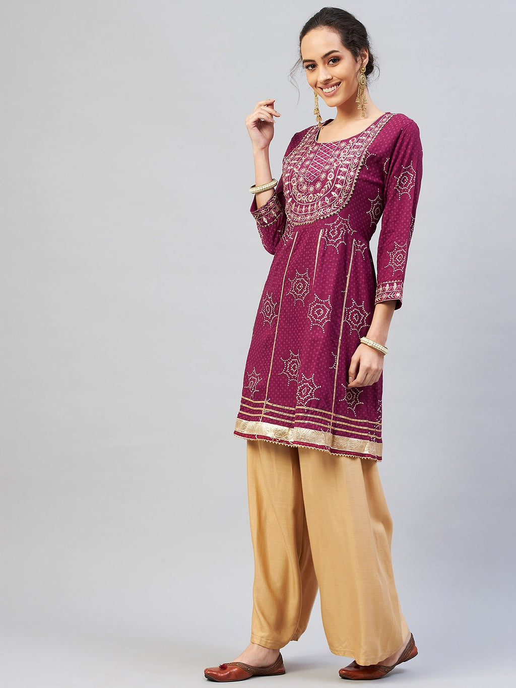 InWeave Women's Wine Gota Mirror Kurta | Grocsy