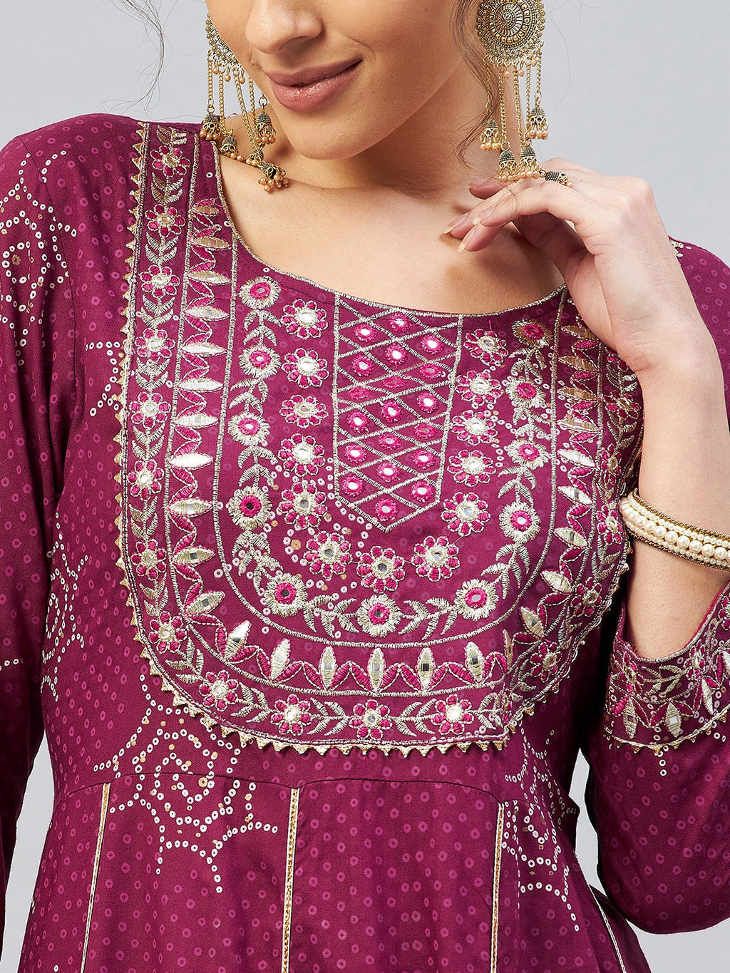 InWeave Women's Wine Gota Mirror Kurta | Grocsy