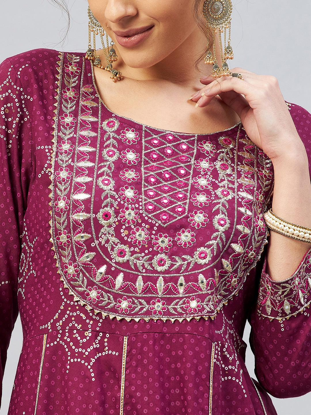 InWeave Women's Wine Gota Mirror Kurta | Grocsy