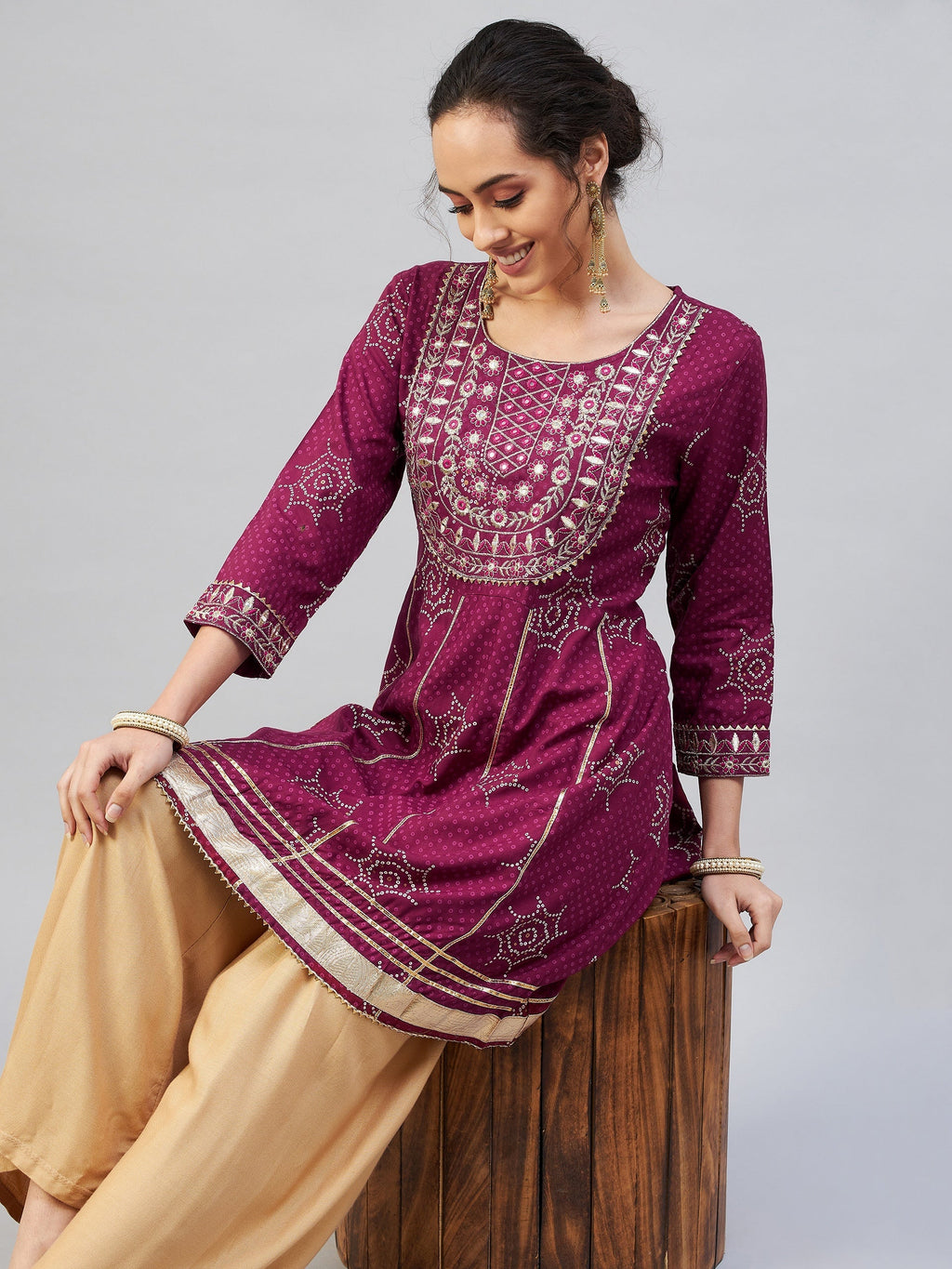 InWeave Women's Wine Gota Mirror Kurta | Grocsy