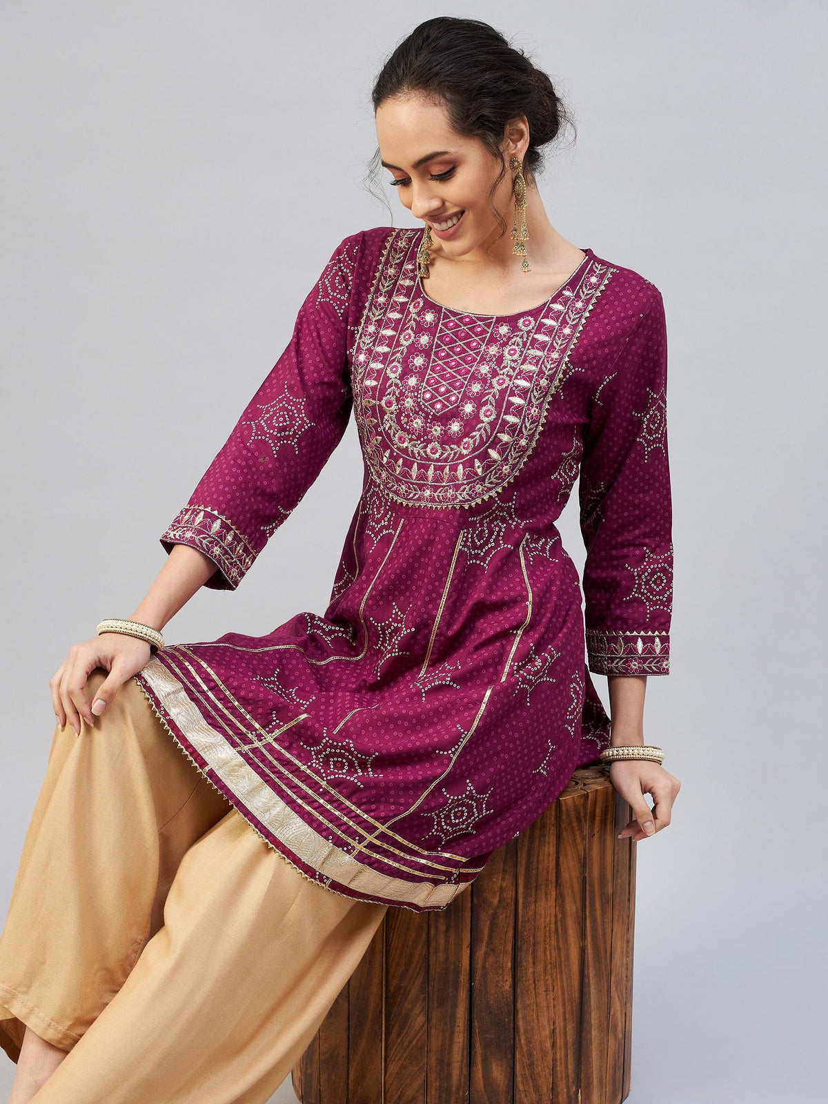 InWeave Women's Wine Gota Mirror Kurta | Grocsy