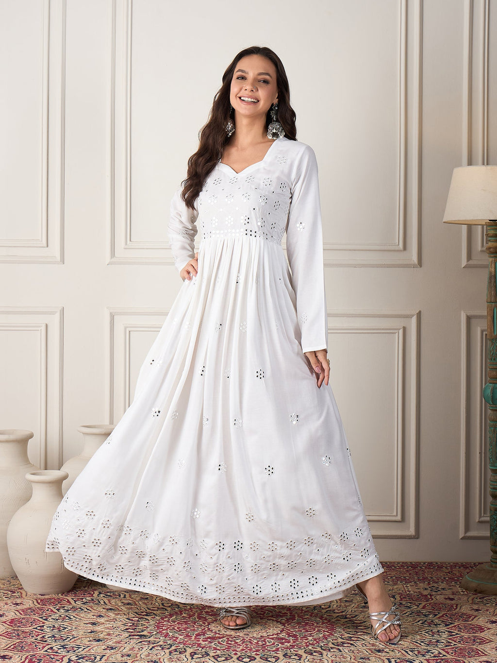 InWeave White Mirror Work Long Anarkali Kurta | Grocsy