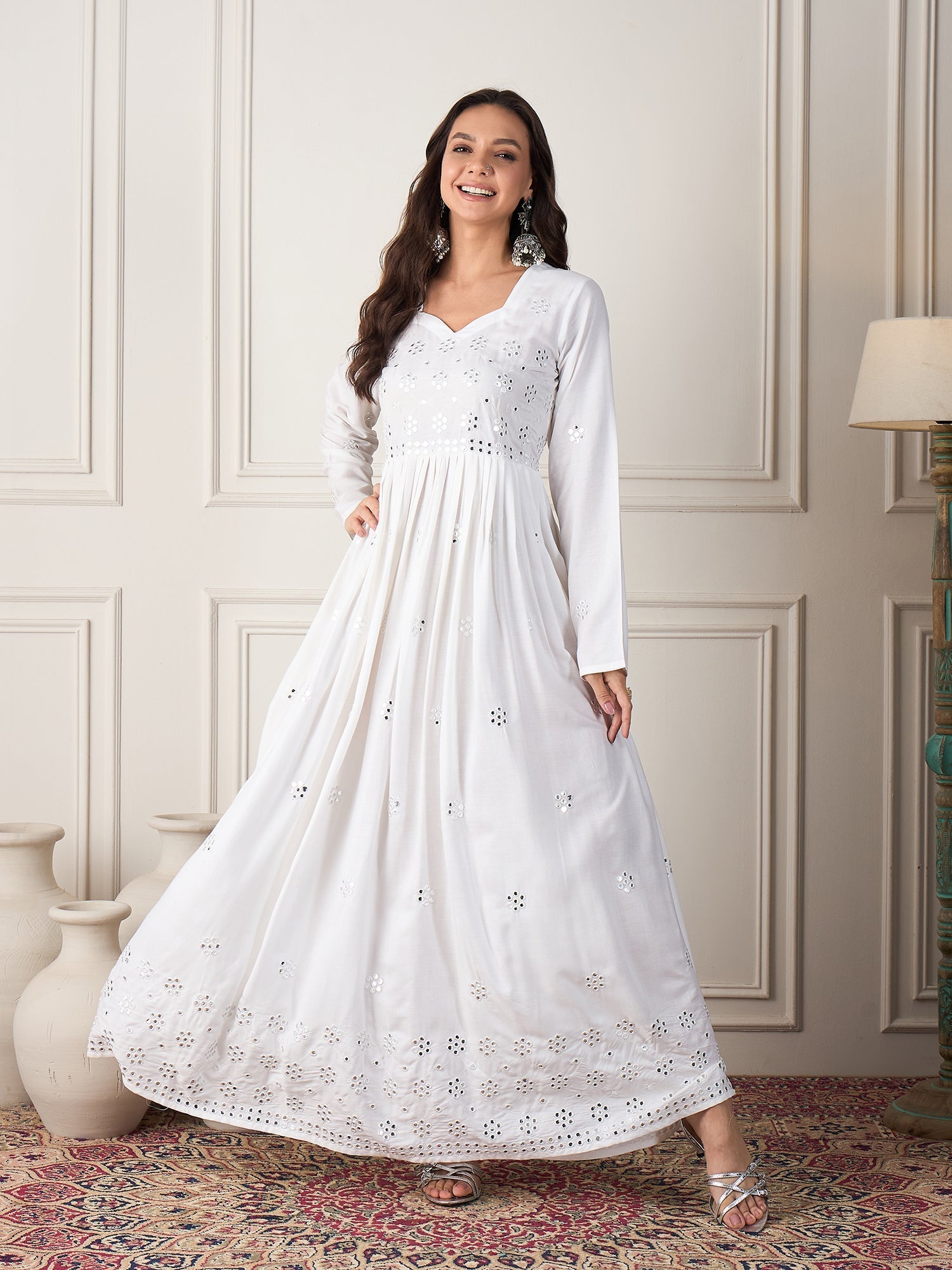 InWeave White Mirror Work Long Anarkali Kurta | Grocsy