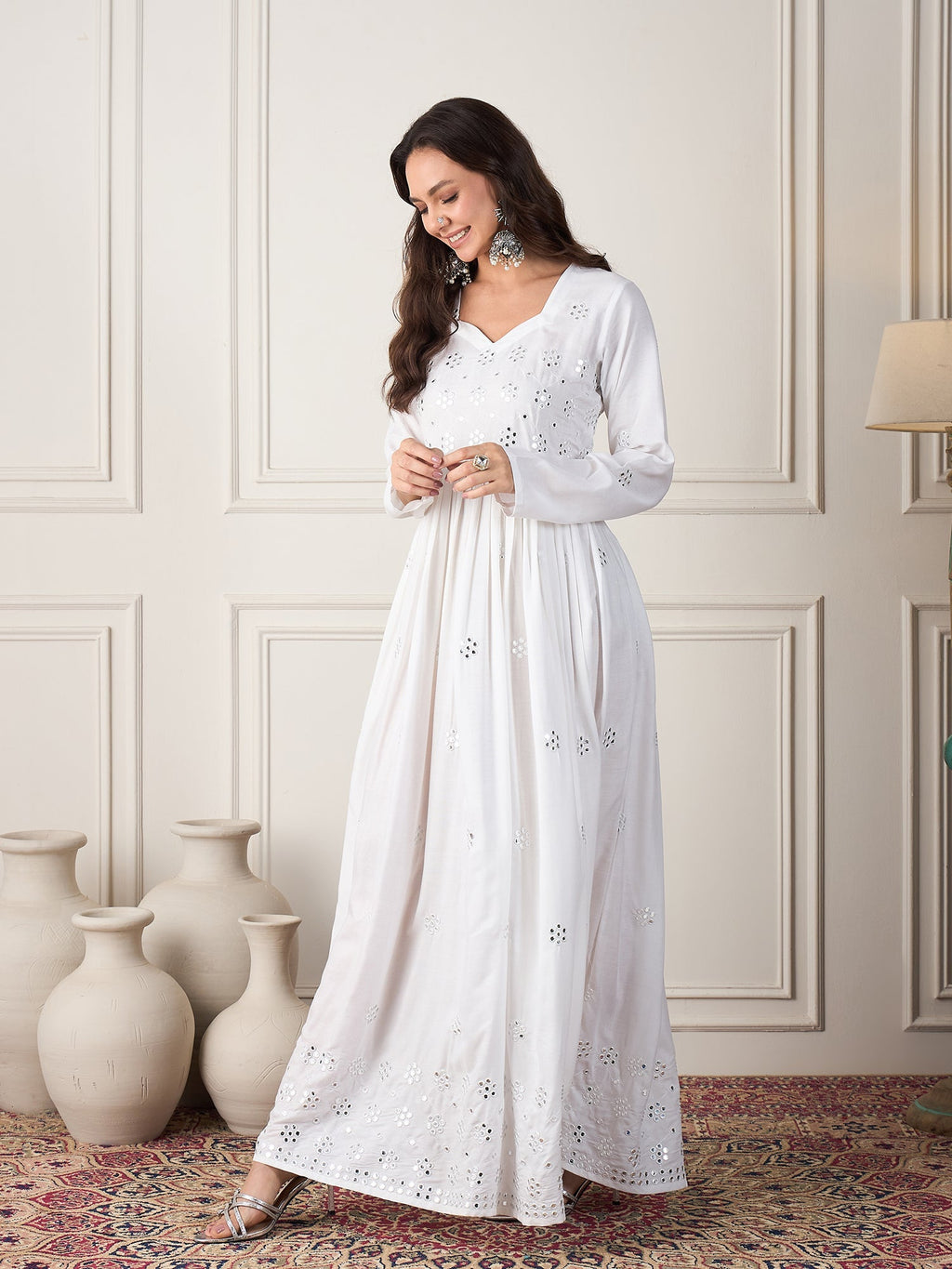 InWeave White Mirror Work Long Anarkali Kurta | Grocsy