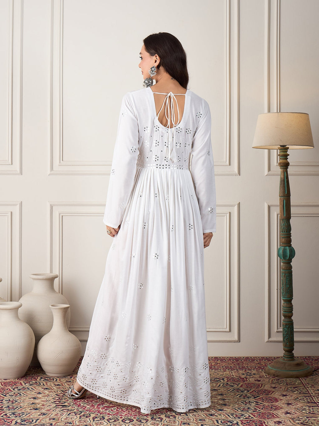 InWeave White Mirror Work Long Anarkali Kurta | Grocsy