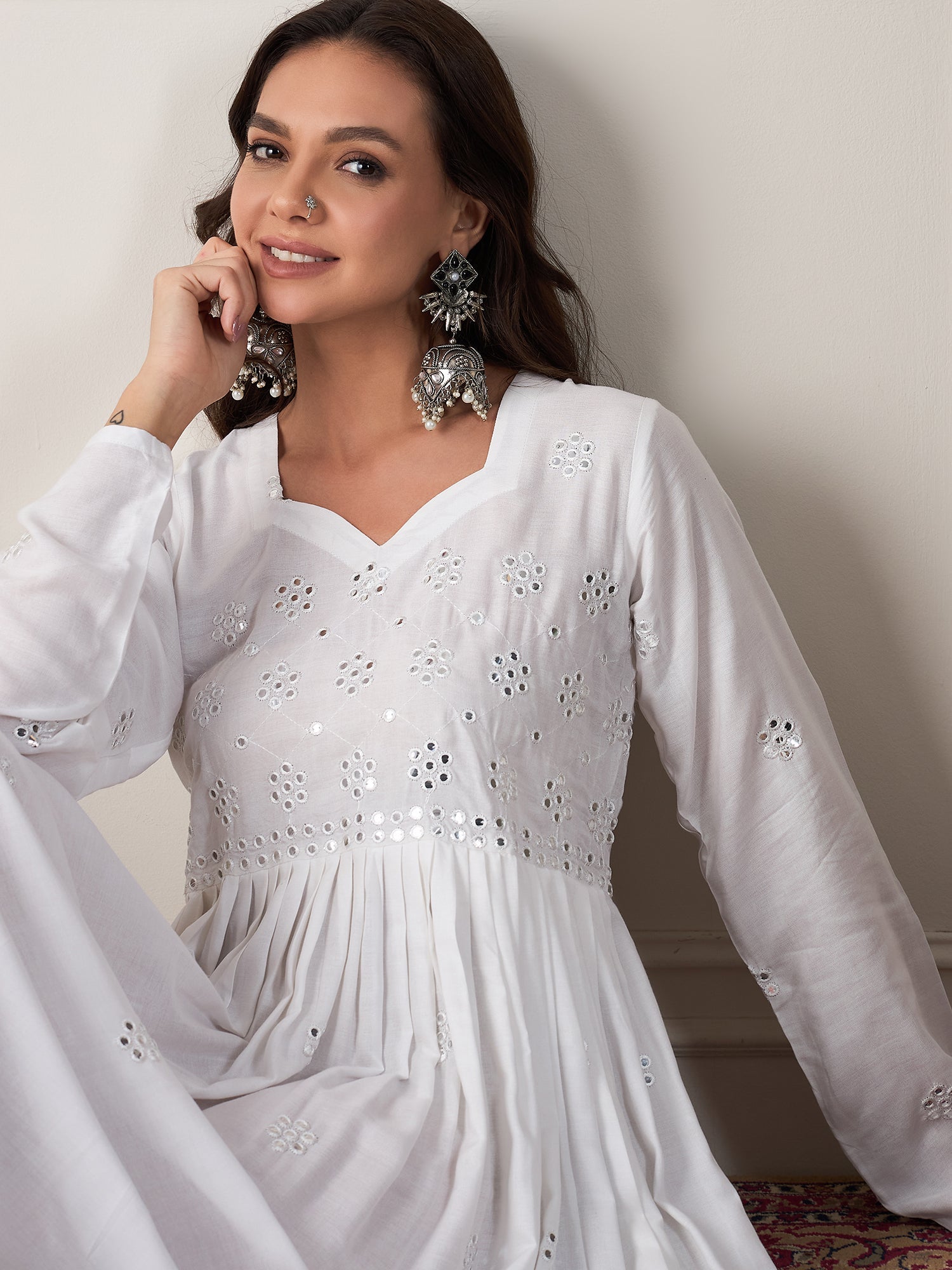 InWeave White Mirror Work Long Anarkali Kurta | Grocsy