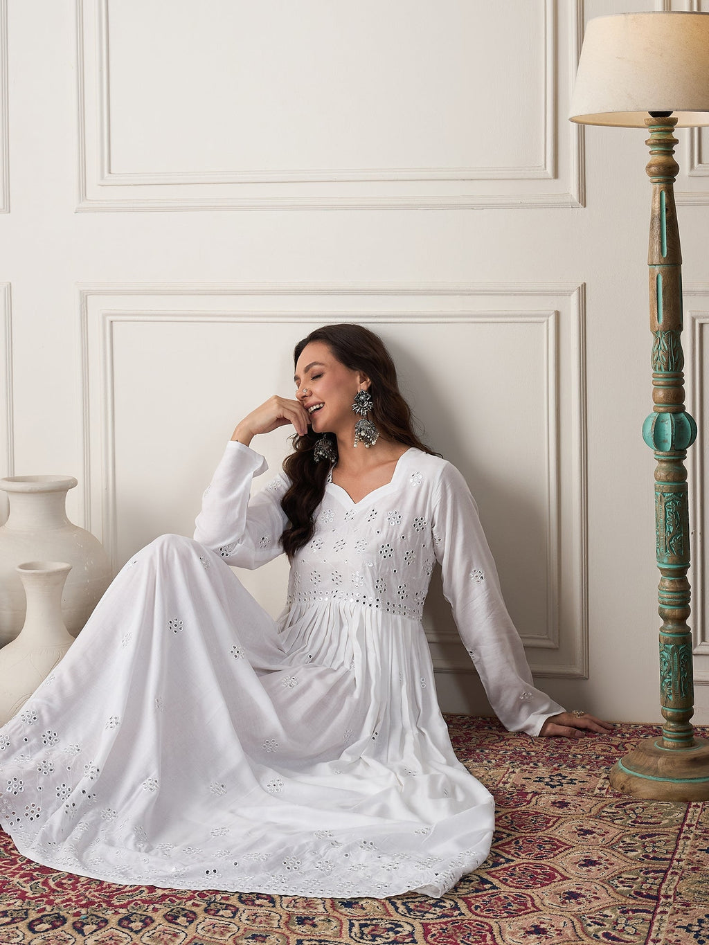 InWeave White Mirror Work Long Anarkali Kurta | Grocsy
