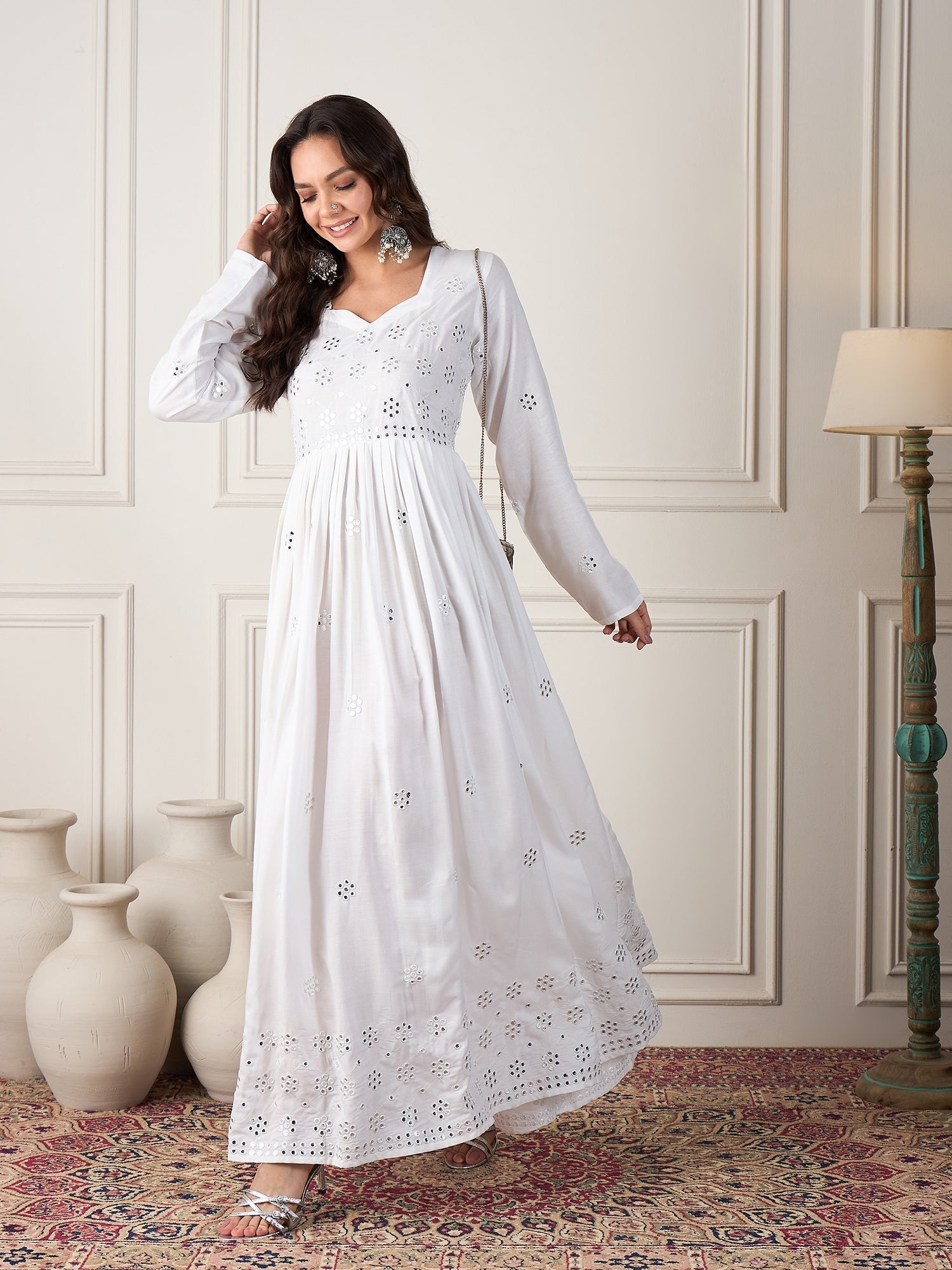 InWeave White Mirror Work Long Anarkali Kurta | Grocsy