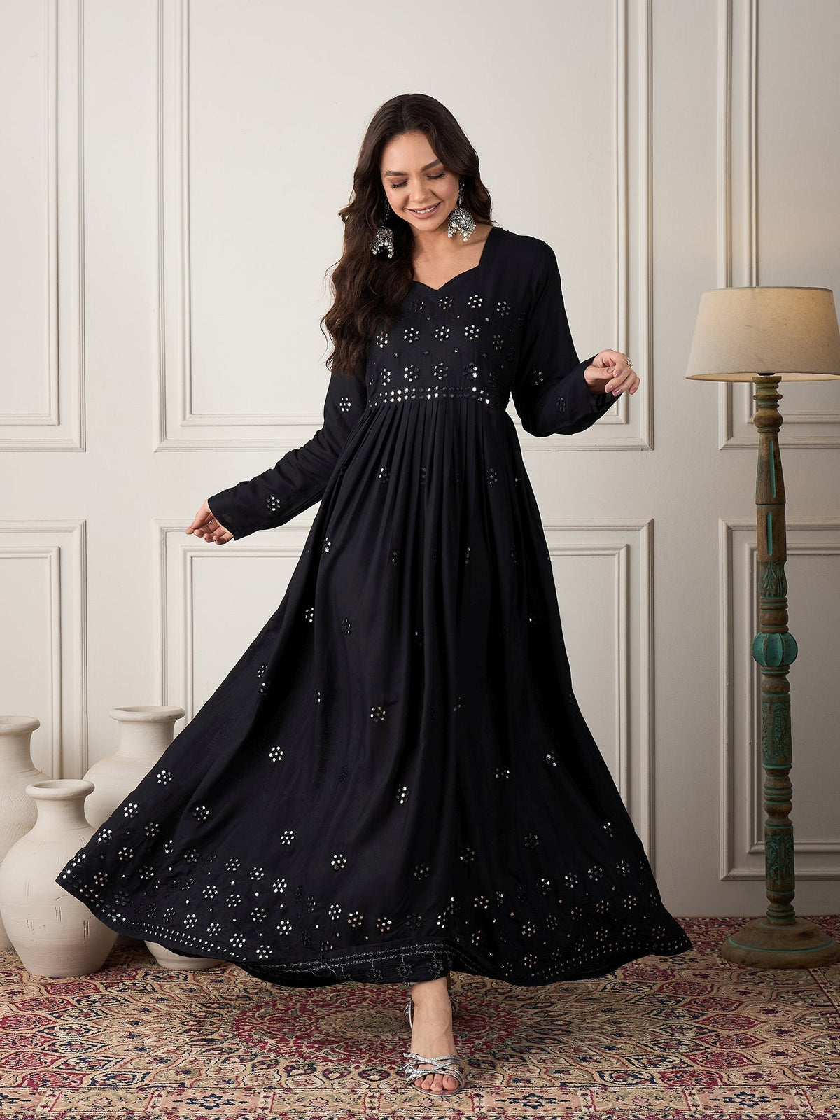 InWeave Black Mirror Work Long Anarkali Kurta | Grocsy