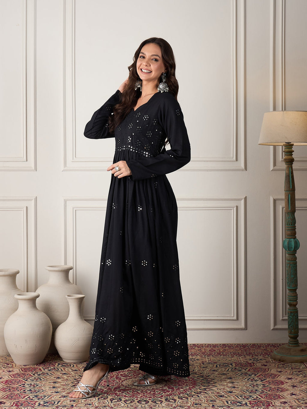 InWeave Black Mirror Work Long Anarkali Kurta | Grocsy