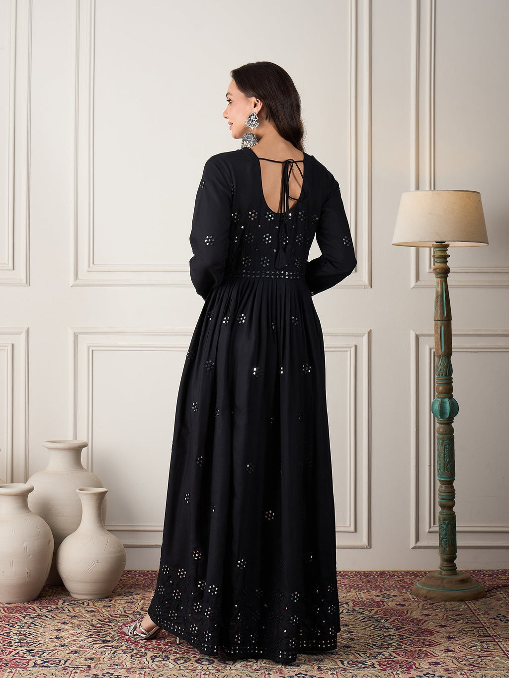 InWeave Black Mirror Work Long Anarkali Kurta | Grocsy