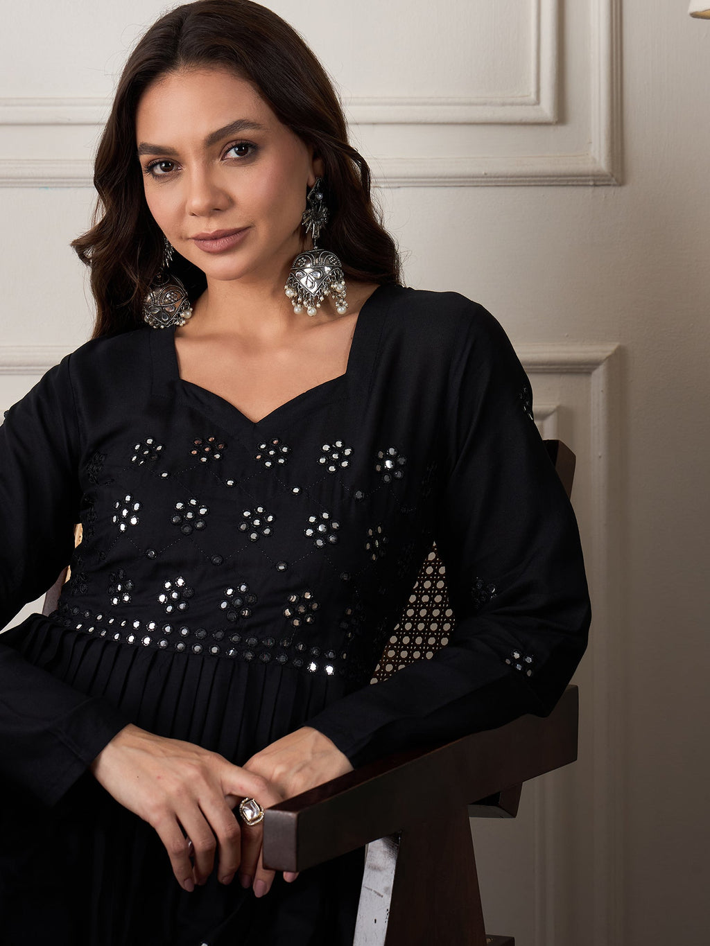 InWeave Black Mirror Work Long Anarkali Kurta | Grocsy
