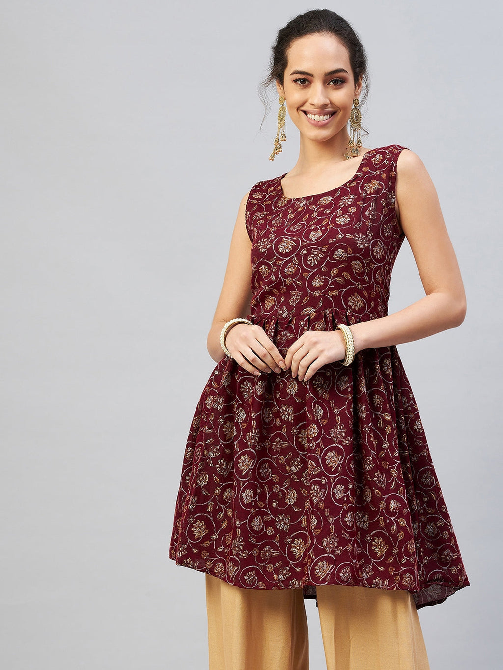 InWeave Women's Burgundy Silver Gold Printed Kurta | Grocsy