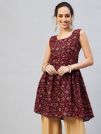 InWeave Women's Burgundy Silver Gold Printed Kurta | Grocsy