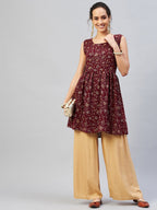 InWeave Women's Burgundy Silver Gold Printed Kurta | Grocsy