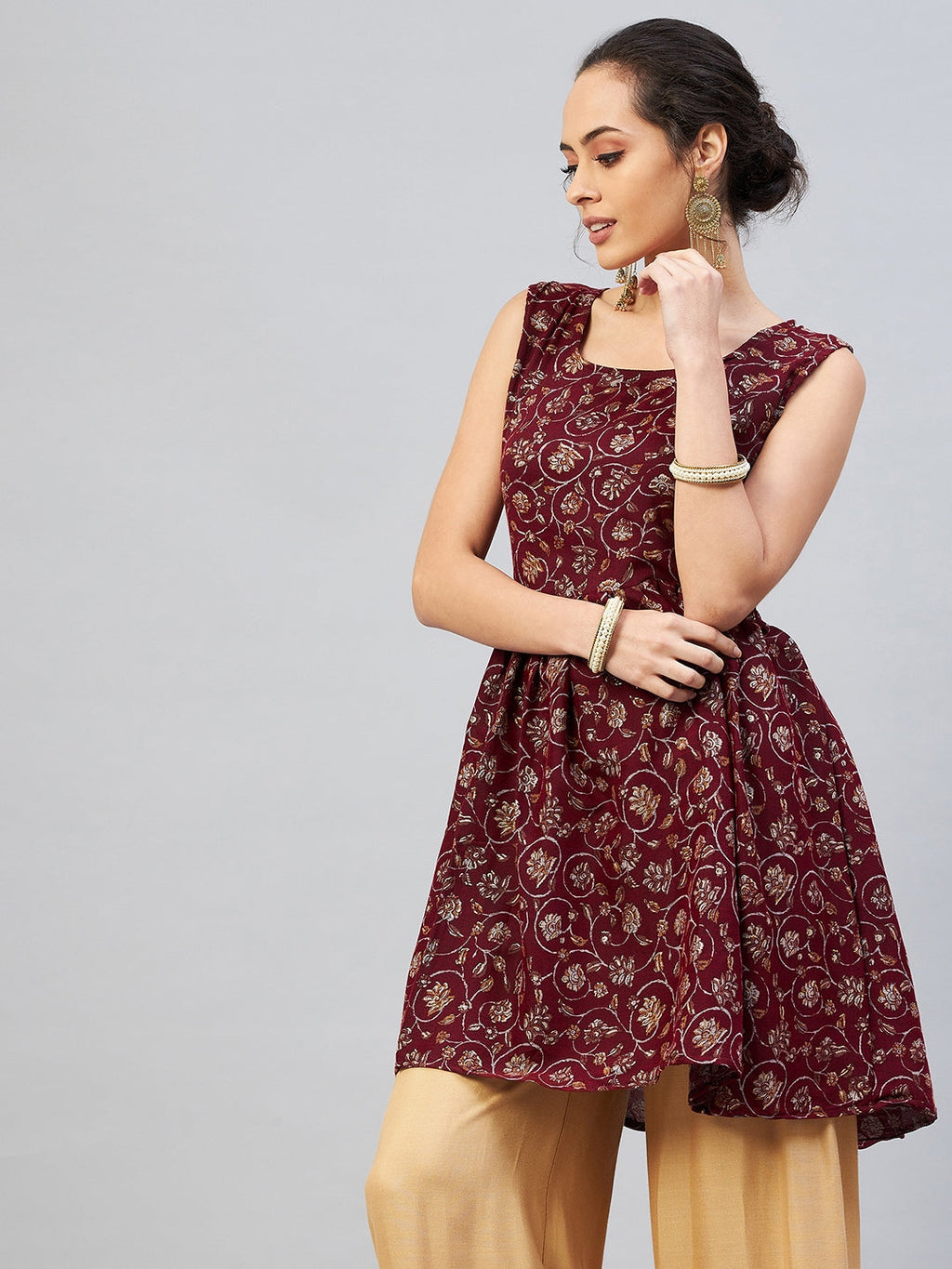 InWeave Women's Burgundy Silver Gold Printed Kurta | Grocsy
