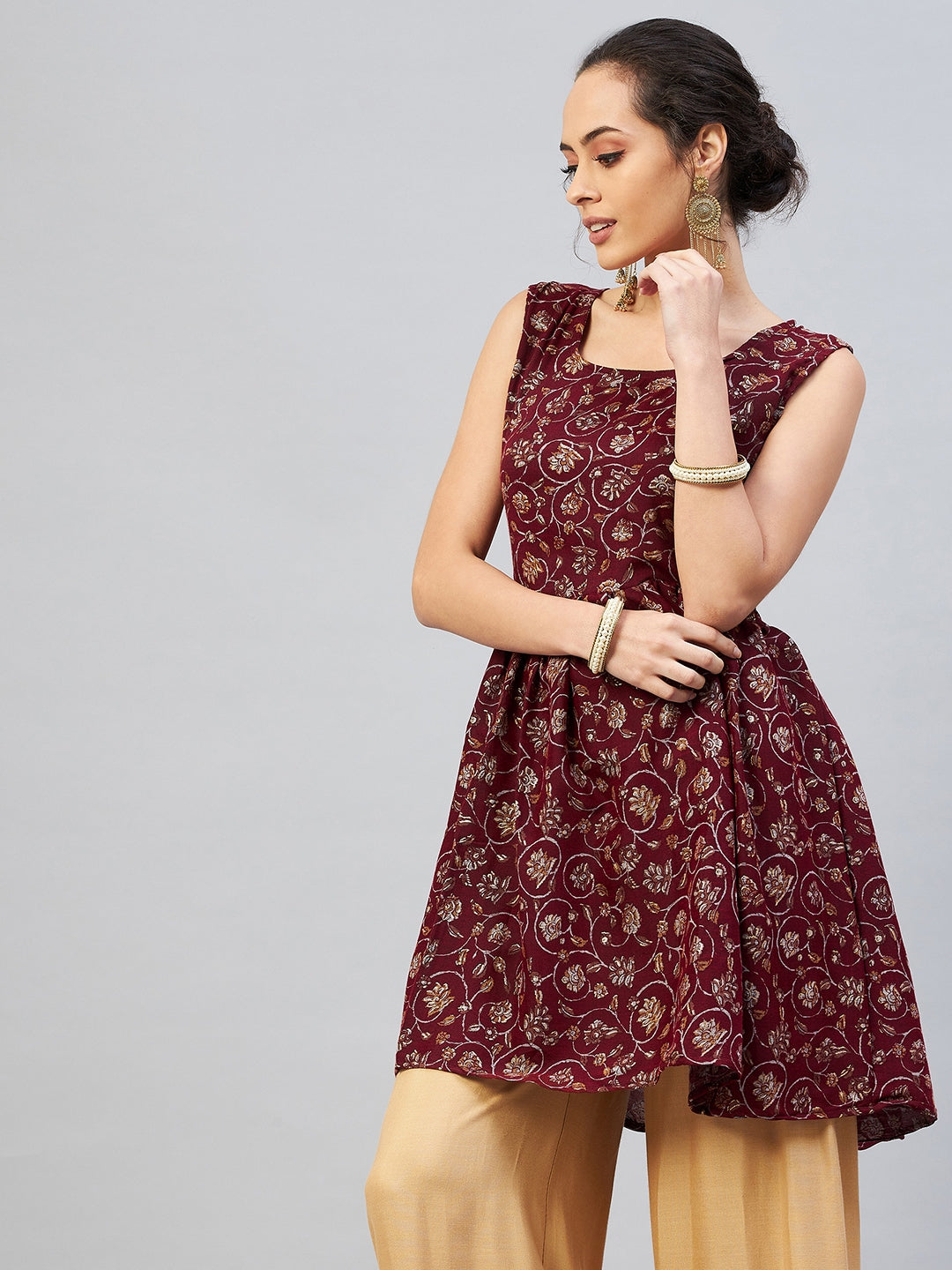 InWeave Women's Burgundy Silver Gold Printed Kurta | Grocsy
