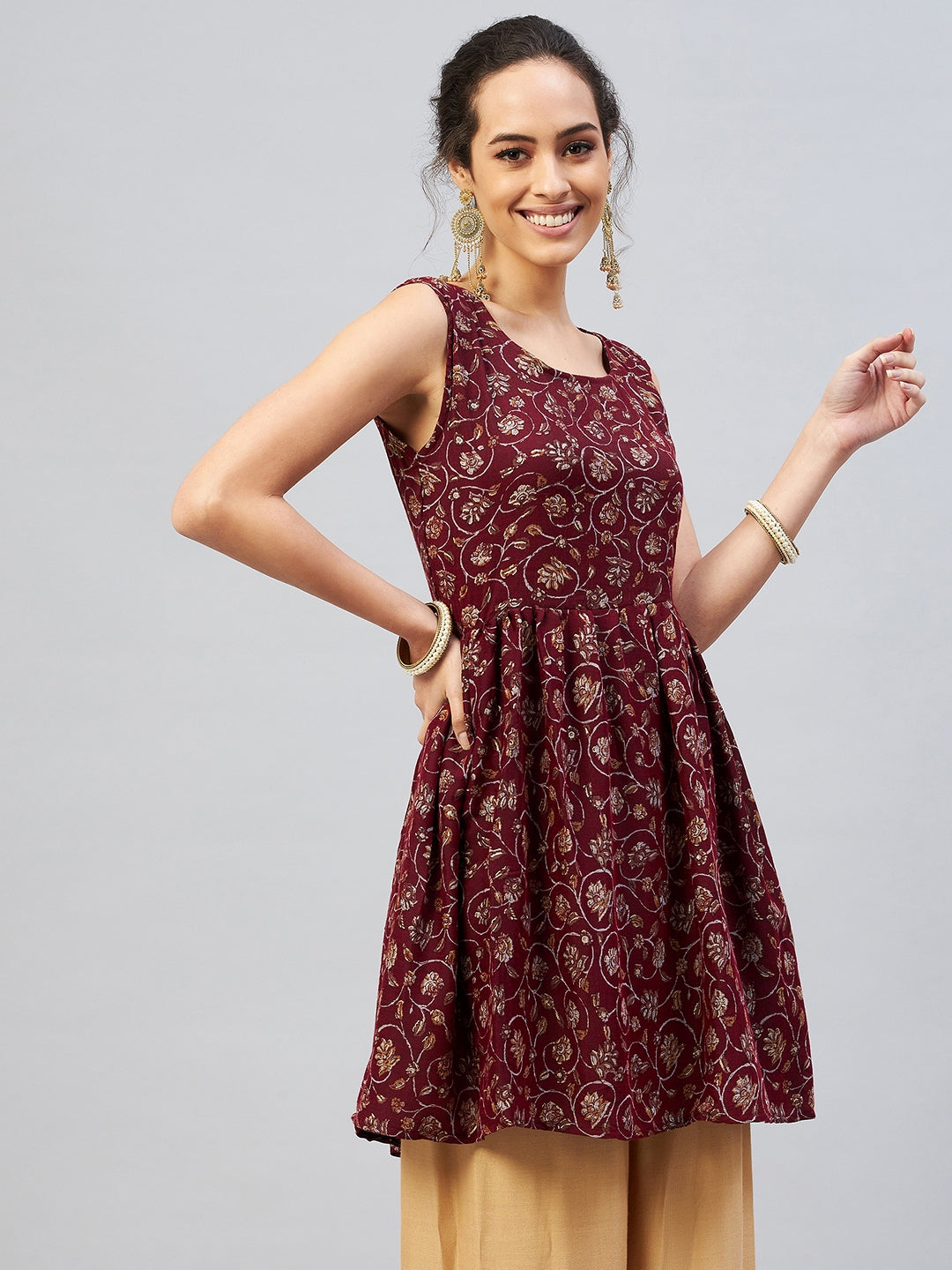 InWeave Women's Burgundy Silver Gold Printed Kurta | Grocsy