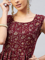 InWeave Women's Burgundy Silver Gold Printed Kurta | Grocsy