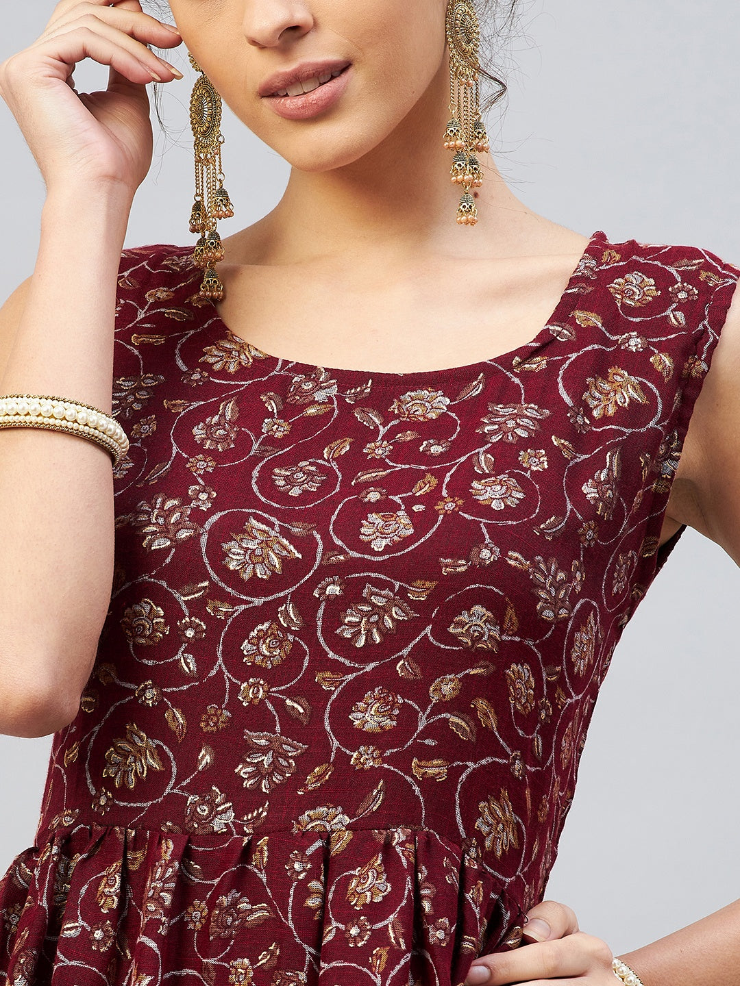 InWeave Women's Burgundy Silver Gold Printed Kurta | Grocsy