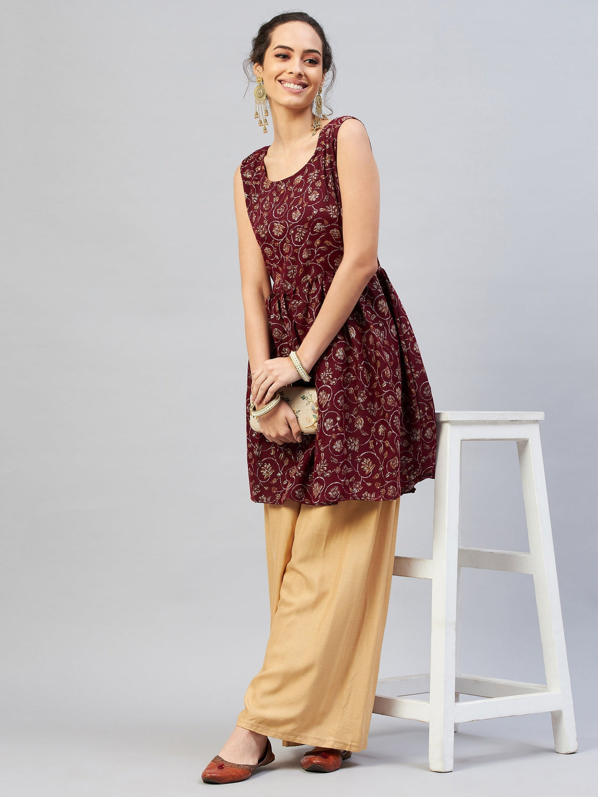 InWeave Women's Burgundy Silver Gold Printed Kurta | Grocsy