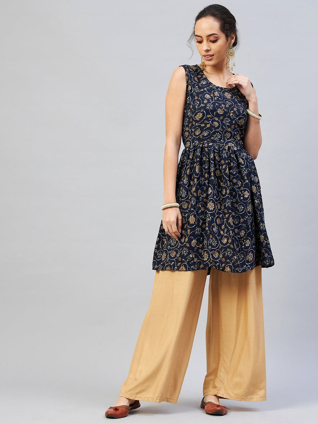 InWeave Women's Blue Silver Gold Printed Kurta | Grocsy