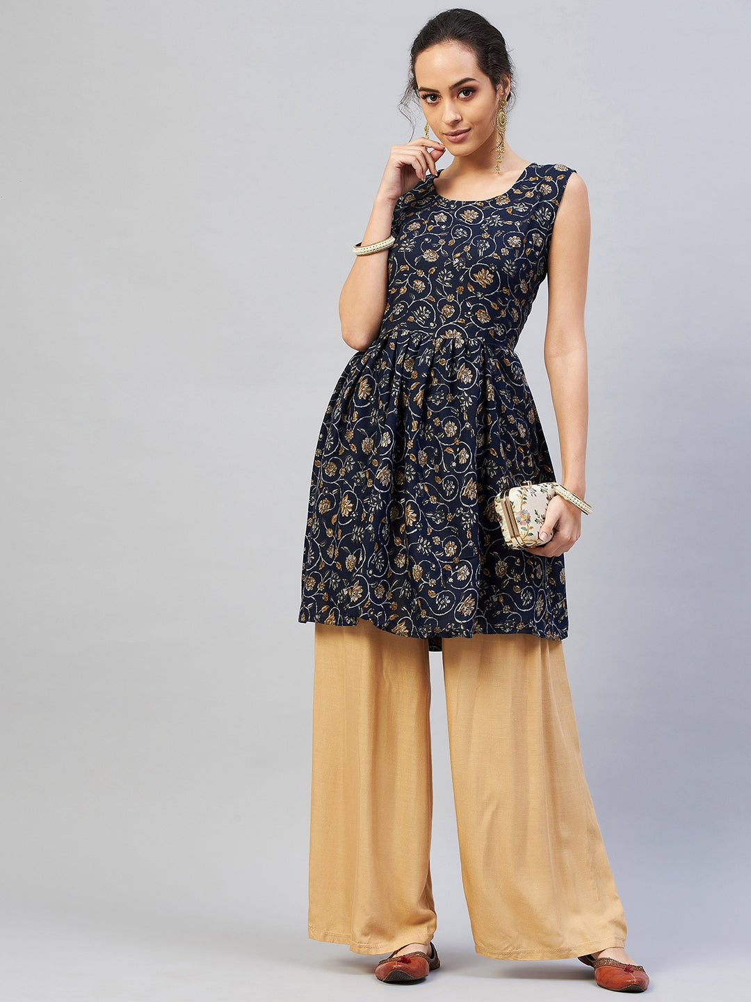 InWeave Women's Blue Silver Gold Printed Kurta | Grocsy