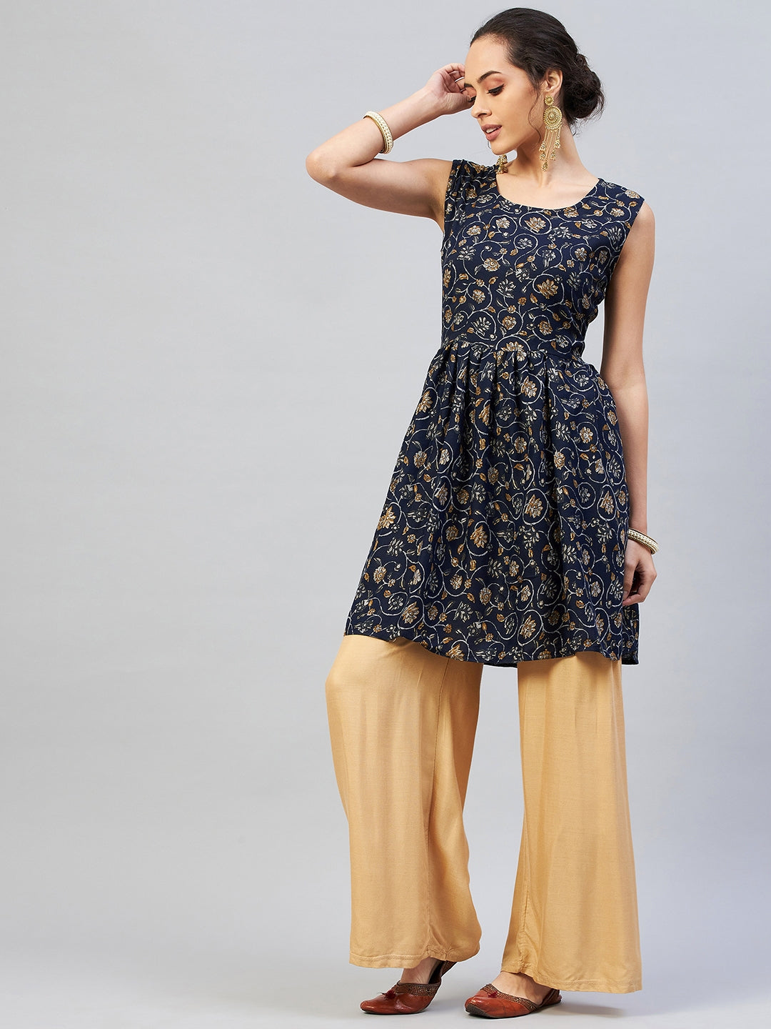 InWeave Women's Blue Silver Gold Printed Kurta | Grocsy