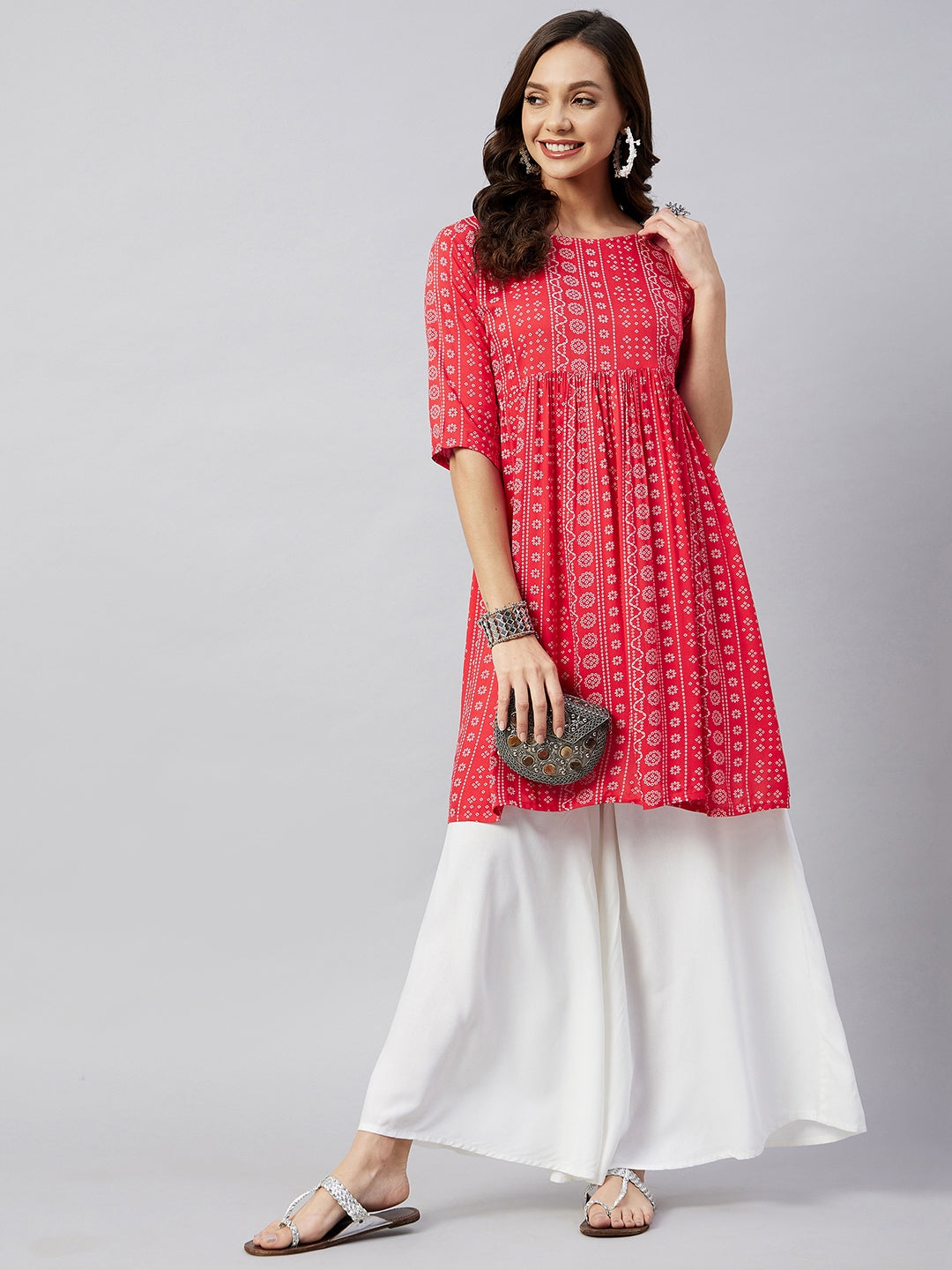 InWeave Women's Red Bandhani Shrot Anarkali Kurta | Grocsy