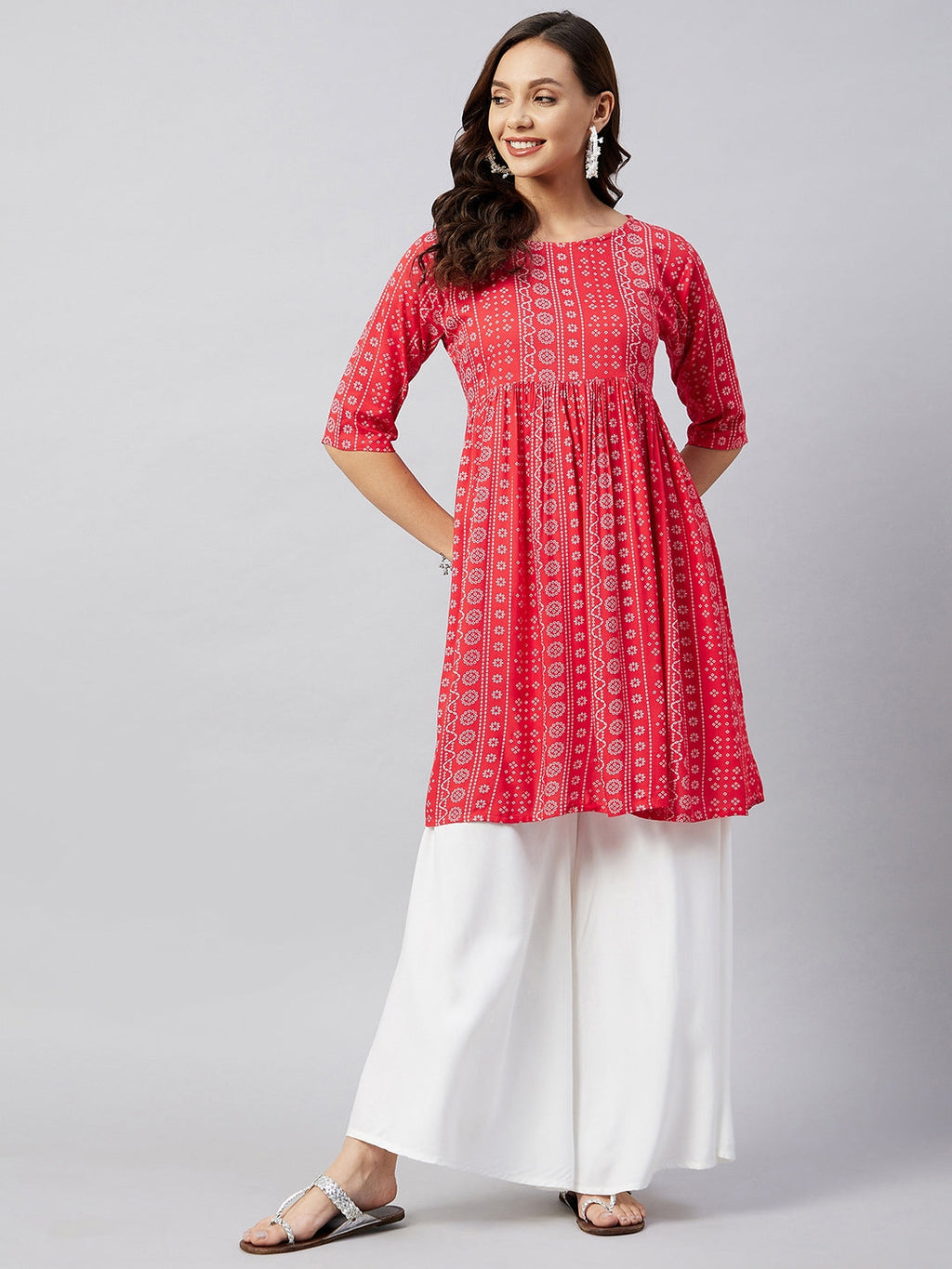 InWeave Women's Red Bandhani Shrot Anarkali Kurta | Grocsy