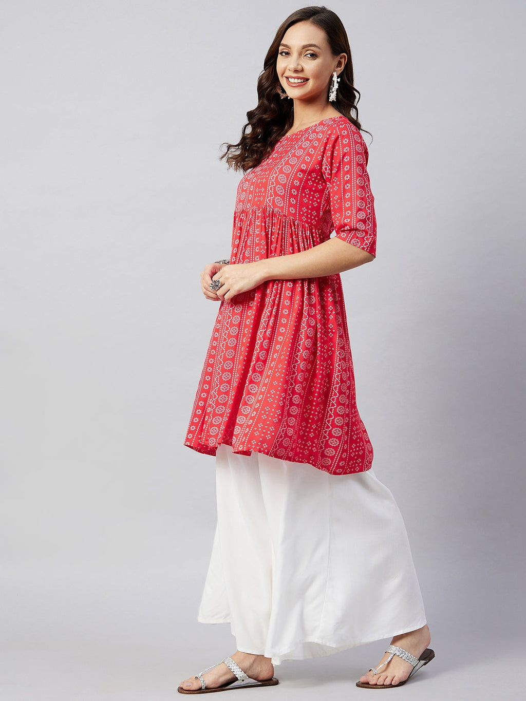 InWeave Women's Red Bandhani Shrot Anarkali Kurta | Grocsy