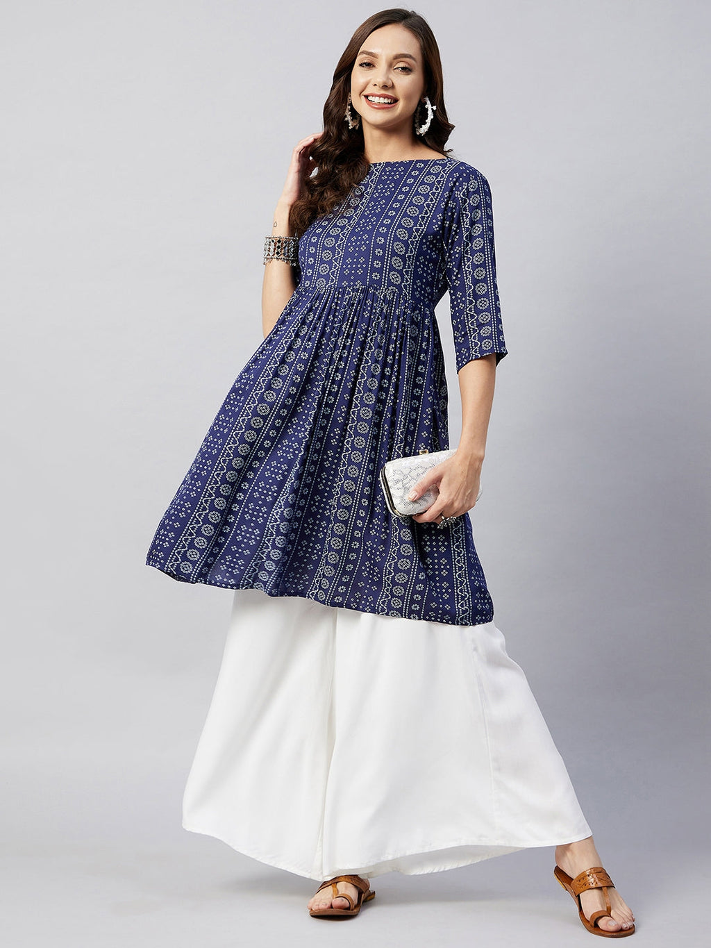InWeave Women's Blue Bandhani Shrot Anarkali Kurta | Grocsy